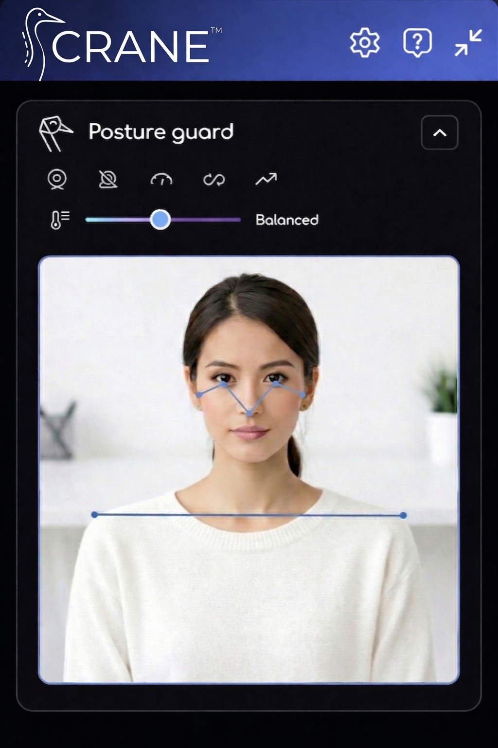 Crane tracking good posture — dark mode