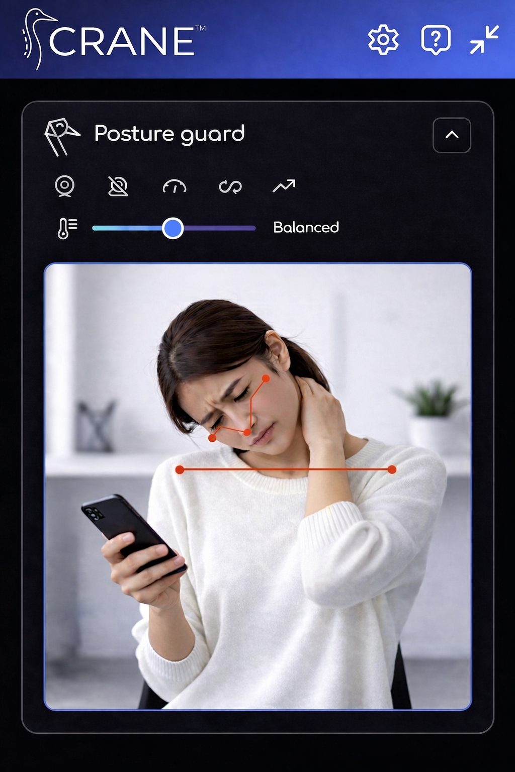 Crane tracking poor posture — dark mode